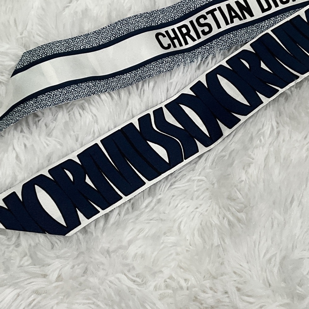 Dior Slim Logo Silk Scarf Tie - White & Navy - Picture 4 of 8